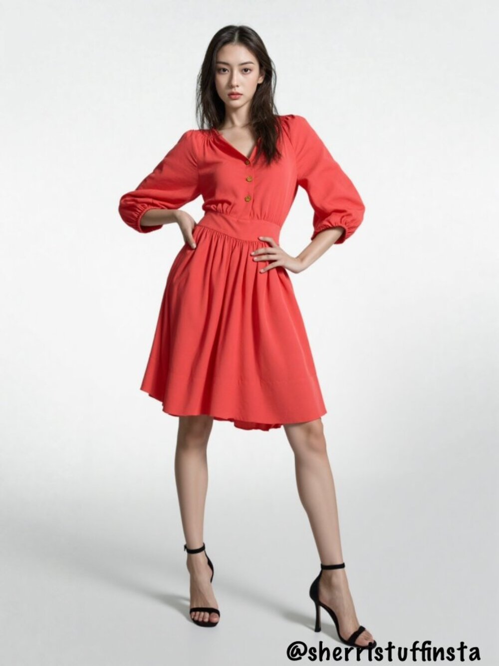 EXCELLENT Eliza J Coral Button-Front Mini Flare Dress 3/4 Sleeves Smocked 6